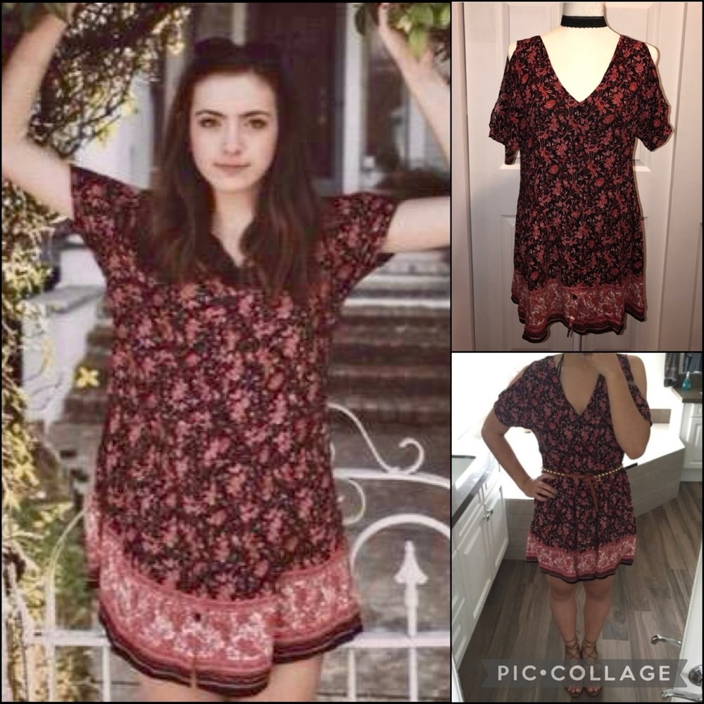 UO Staring at Stars Floral Cold Shoulder Button-down Babydoll Mini Dress